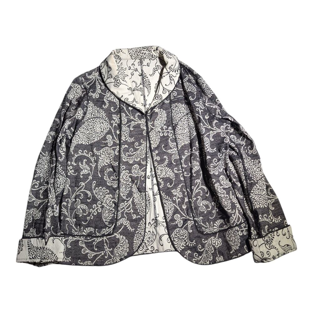 Vtg Y2K Gray Ivory Paisley Floral Reversible Open Front Shawl Collar Jacket Sz M